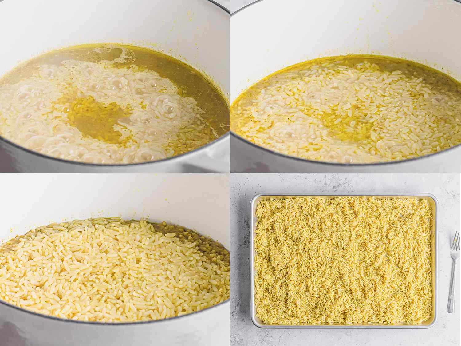 Four Image collage showing rice being cooked in a dutch oven and then transferred to a baking sheet