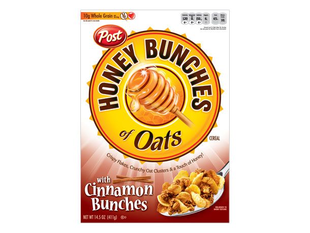Cinnamon flavored Honey Bunches of Oats box cover.