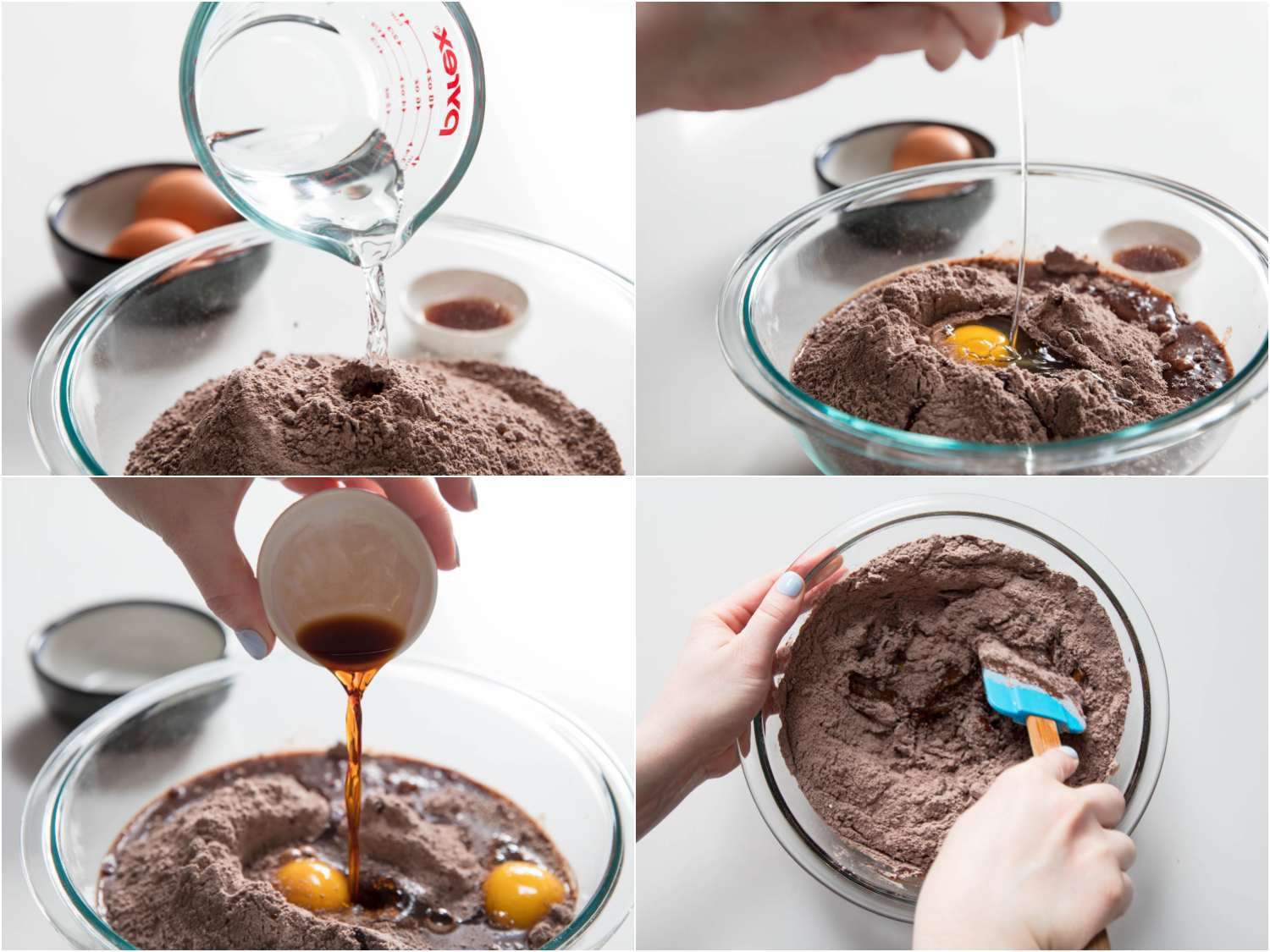 Stages of assembling brownie mix batter: adding water, eggs, vanilla extract to the dry mix. 