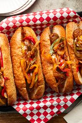 Overhead view of sausages and peppers