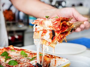 Side view of lasagna all norma