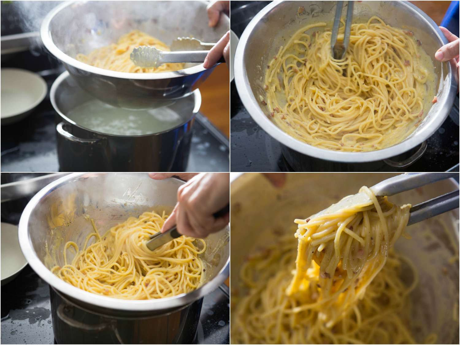 Photo collage showing finishing spaghetti carbonara in a double boiler on the stovetop.