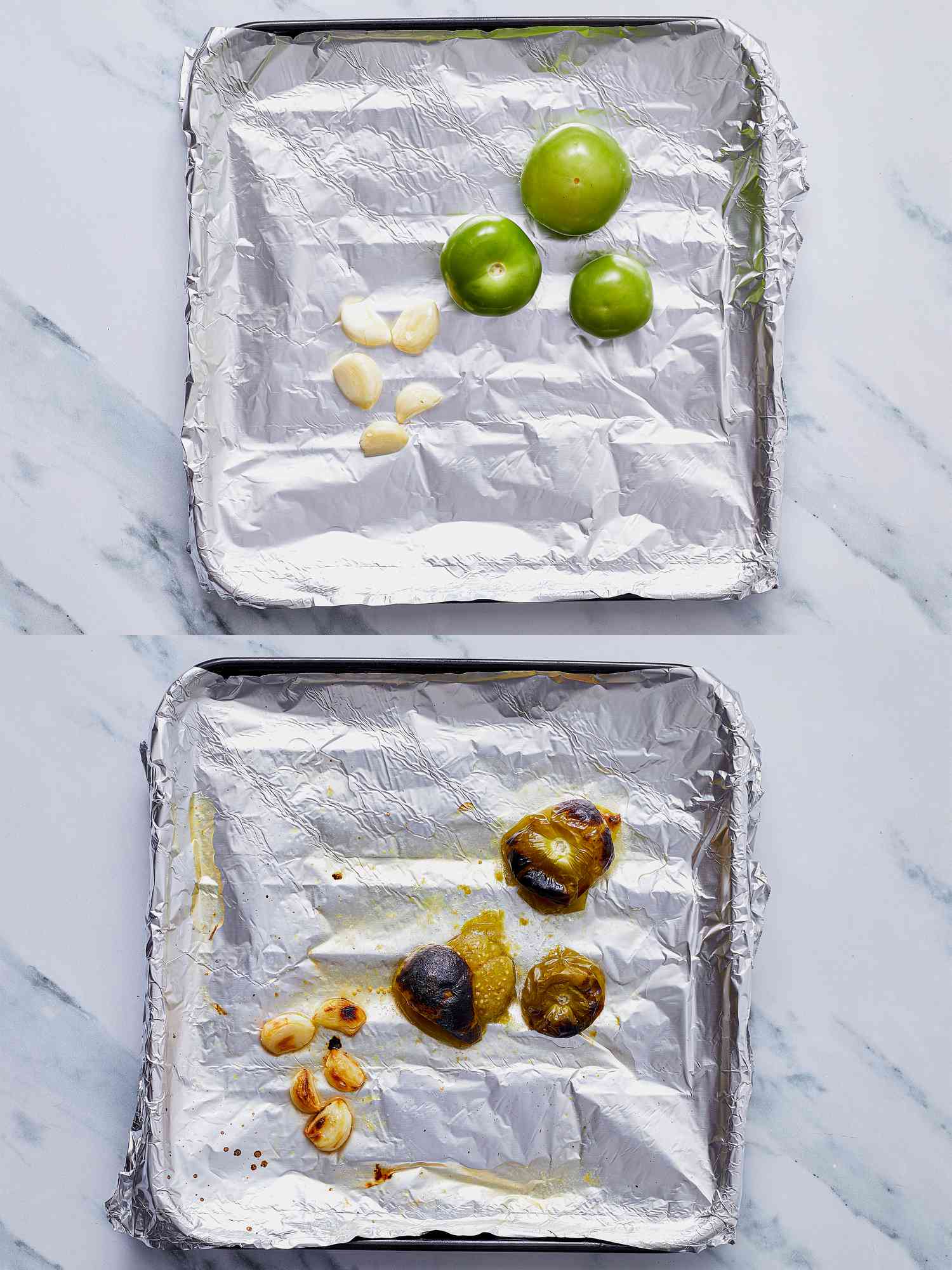 Two image collage of roasting tomatoes and garlic