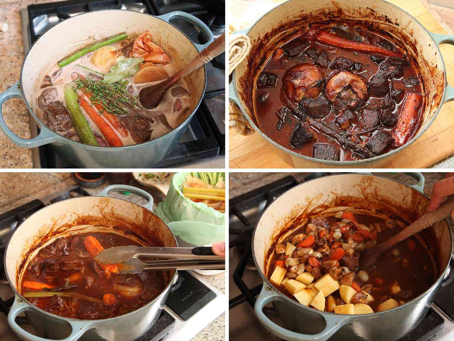 Photo collage showing bringing stew mixture to a simmer, removing aromatic vegetables, and stirring in stew vegetables to Dutch oven for All-American beef stew.