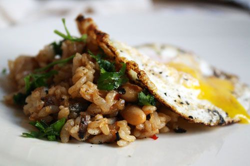 A plate of Malaysian rice with sambal. 