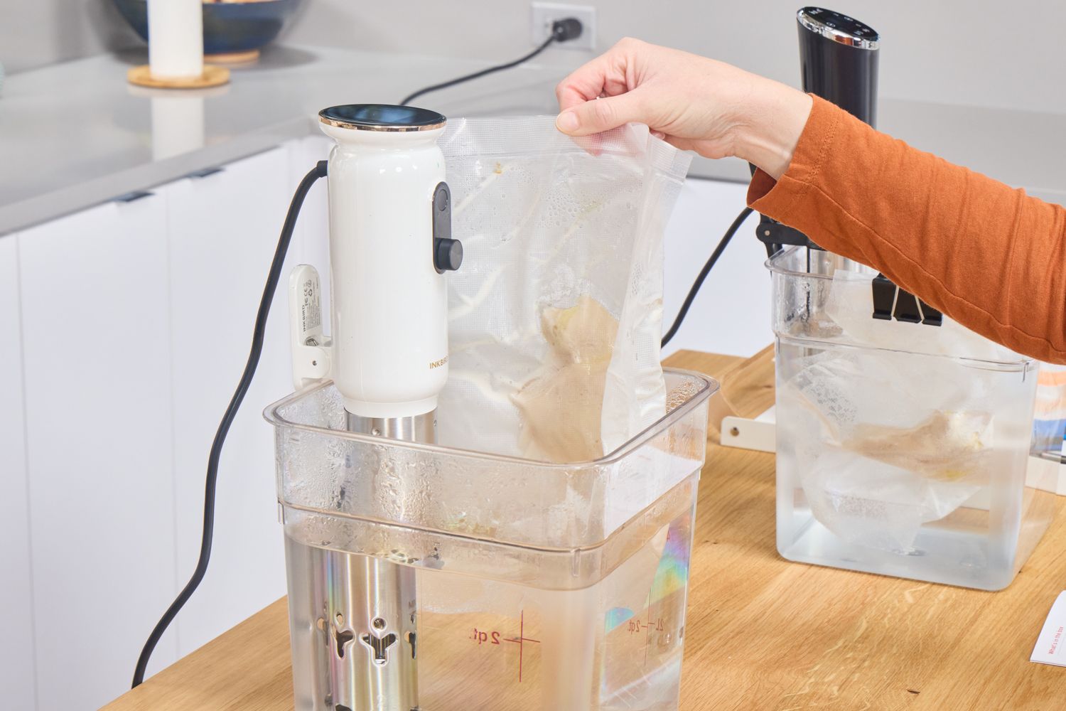 A person places a sealed bag into the Inkbird WiFi Sous Vide Cooker