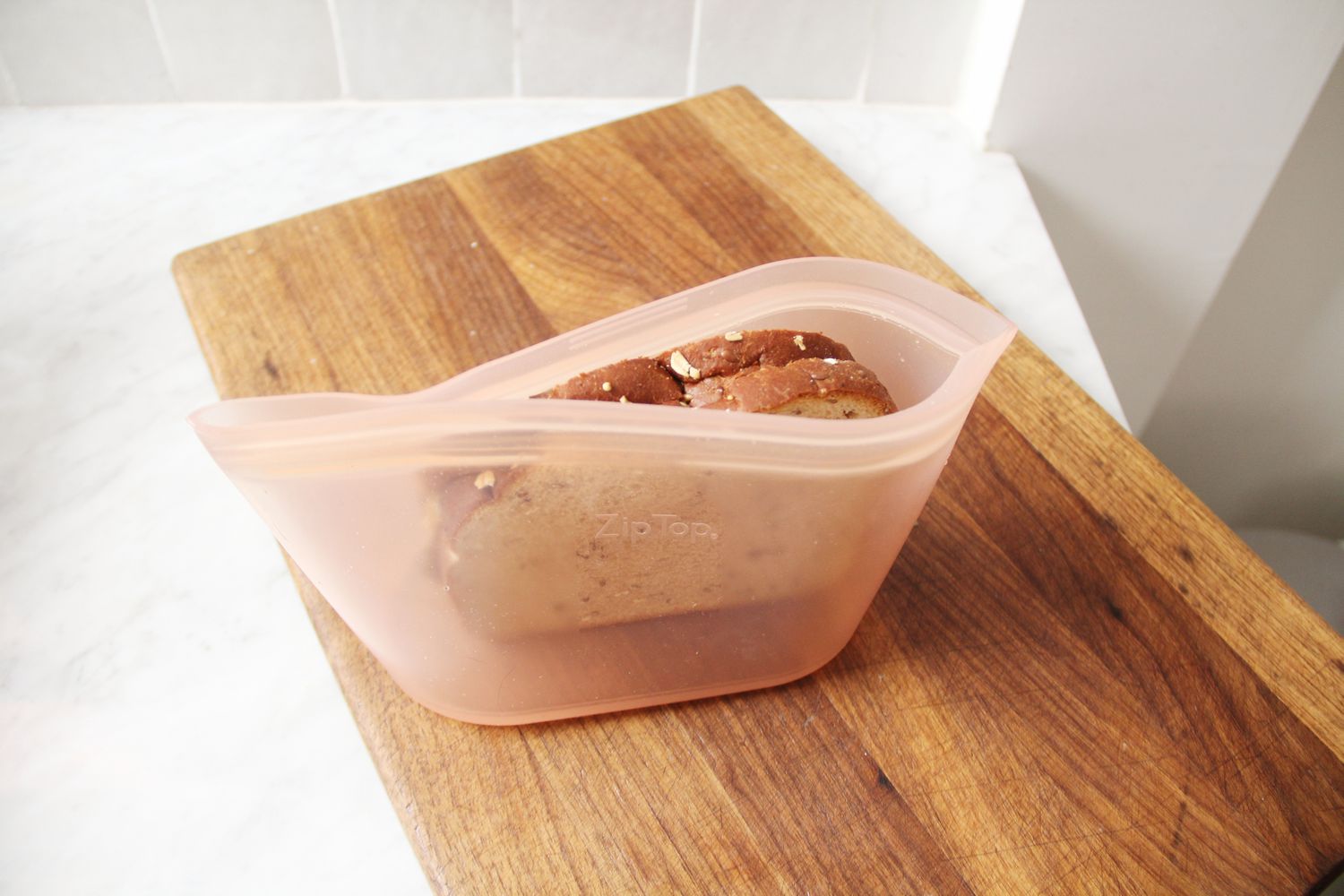 A sandwich in a reusable storage bag