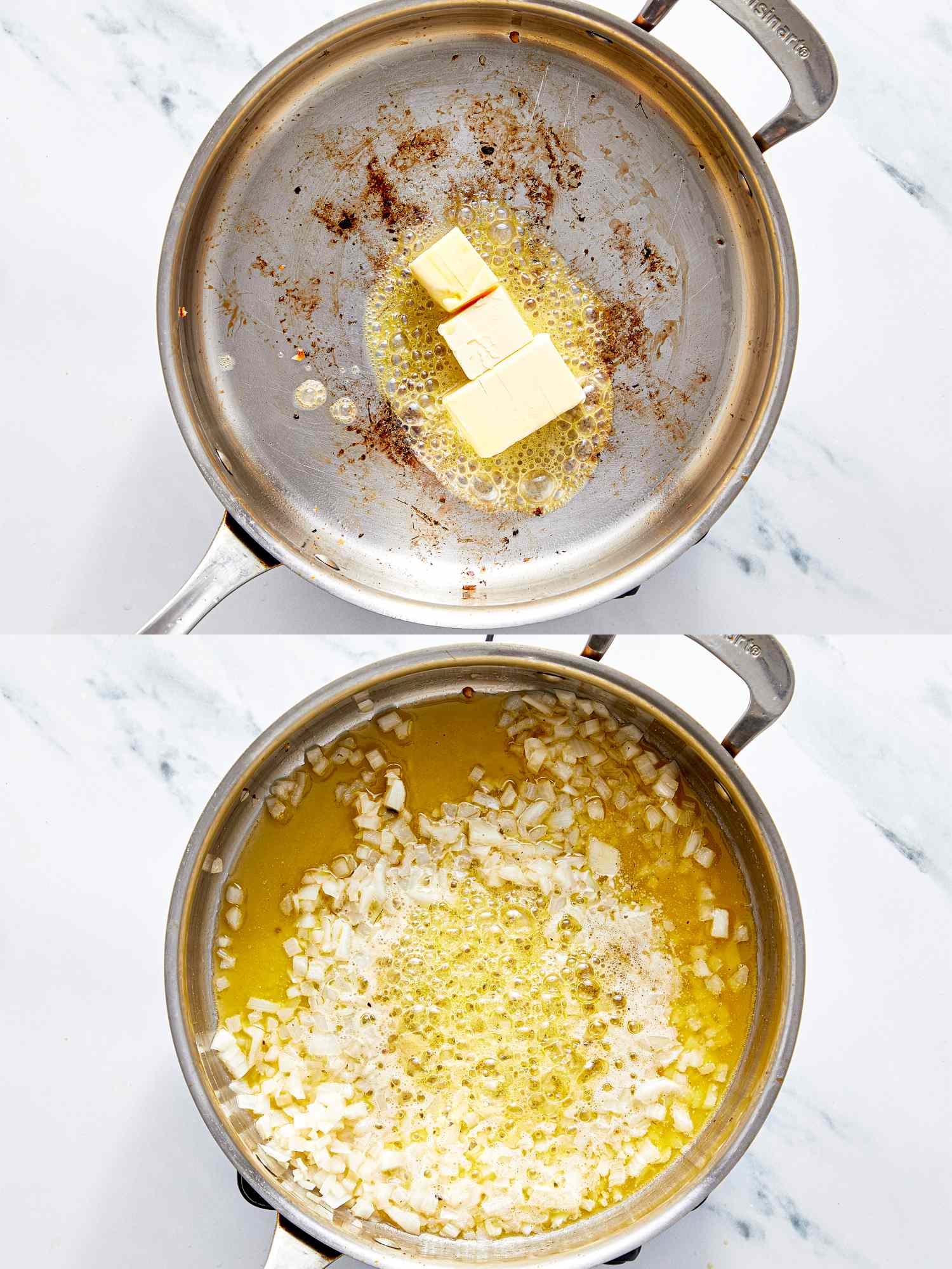 Steps of cooking corn soup in a pan showing butter melting in one frame and mixture being cooked in the next