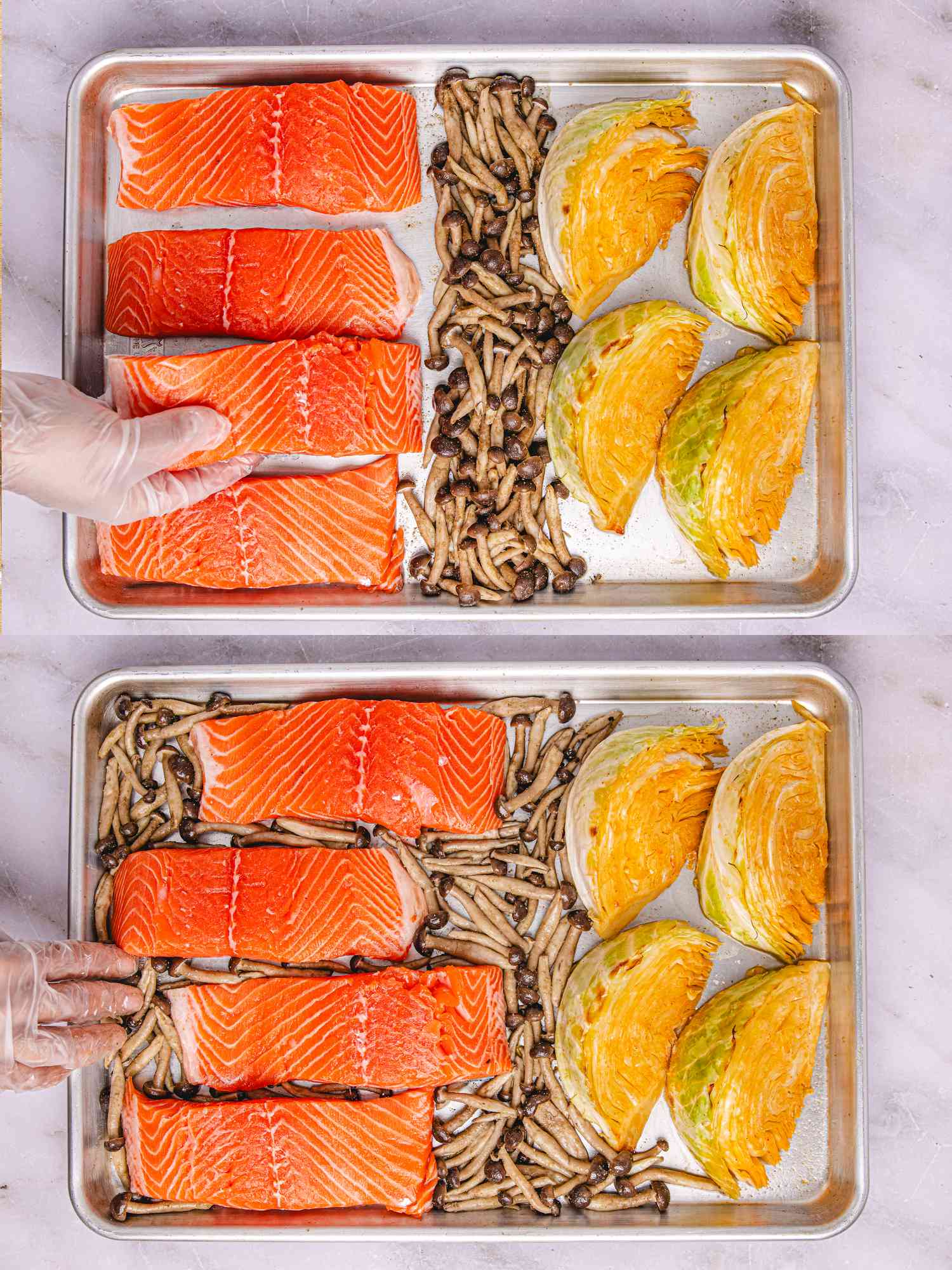 2 image collage. Top: Salmon filets, cabbage wedges, and mushrooms on a sheet pan. Bottom: Sheetpan with cabbage, salmon filets and mushrooms being spread around it 