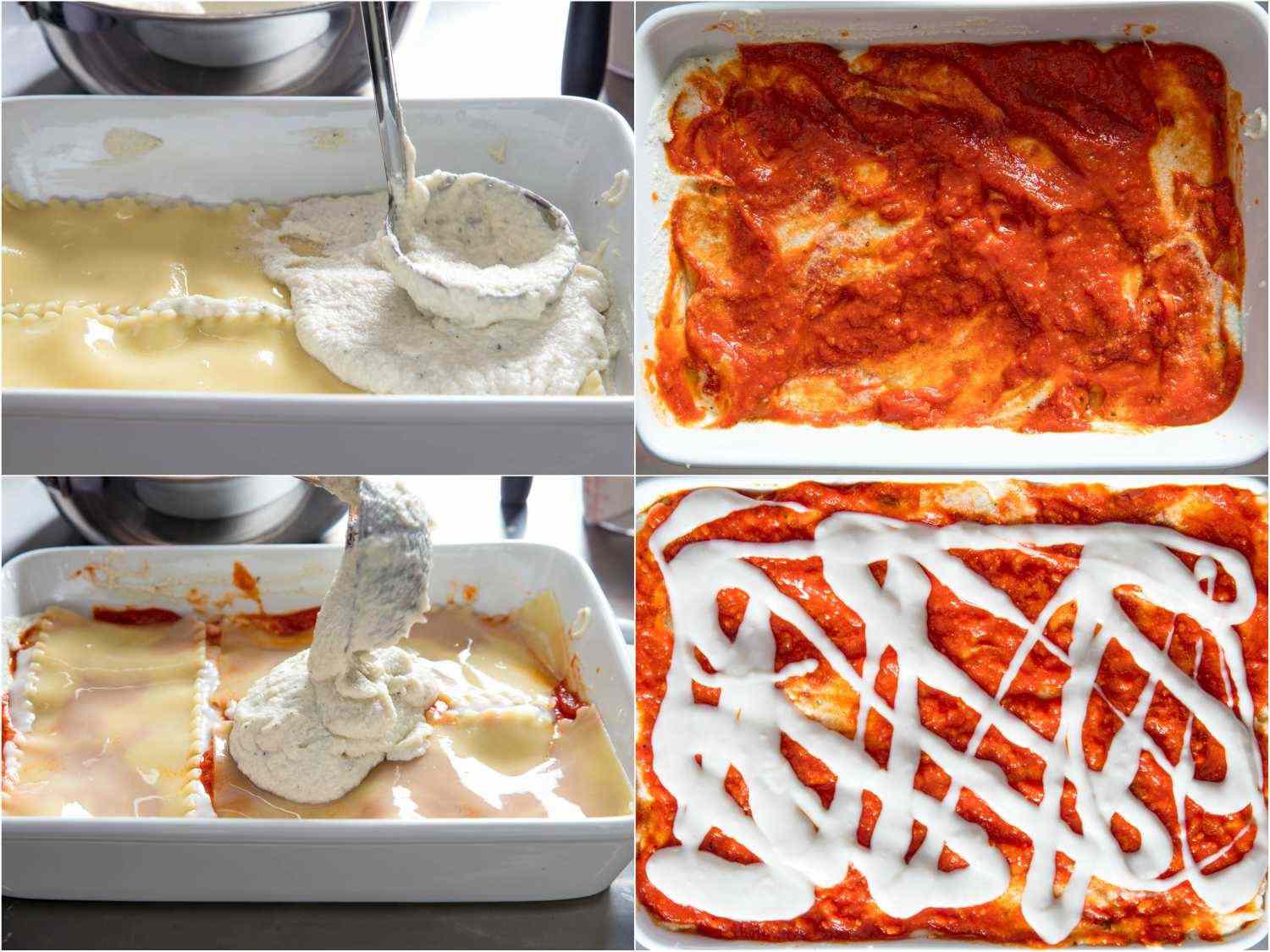 Assembling vegan lasagna in a white baking dish.