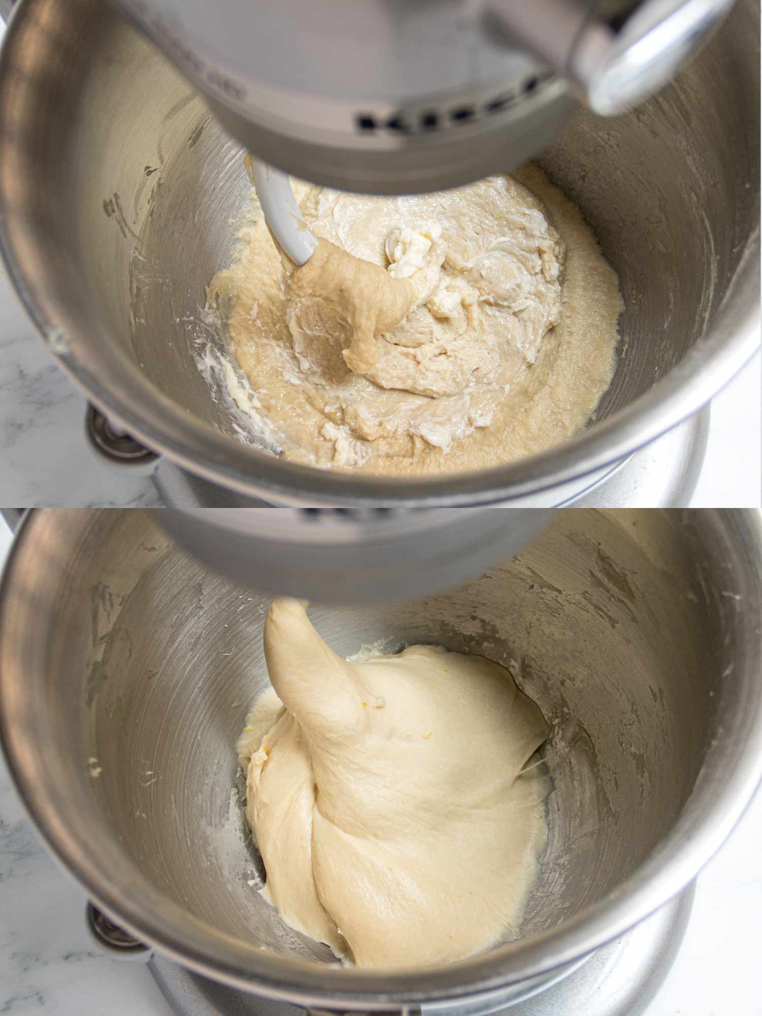 2 Image collage.Top: Softened butter dropped into stand mixer. Bottom: Dough in stand mixer looking stretchy and webby