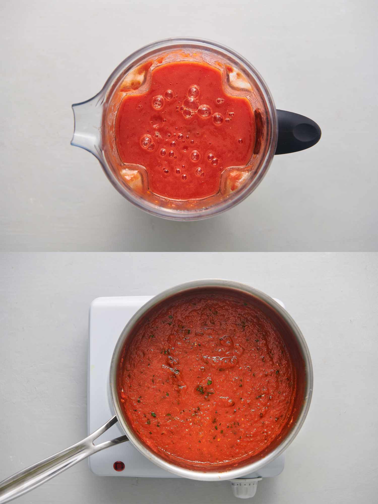 Tomatoes and their juice pureed inside a blender and the mixture reduced by half inside large saucepan