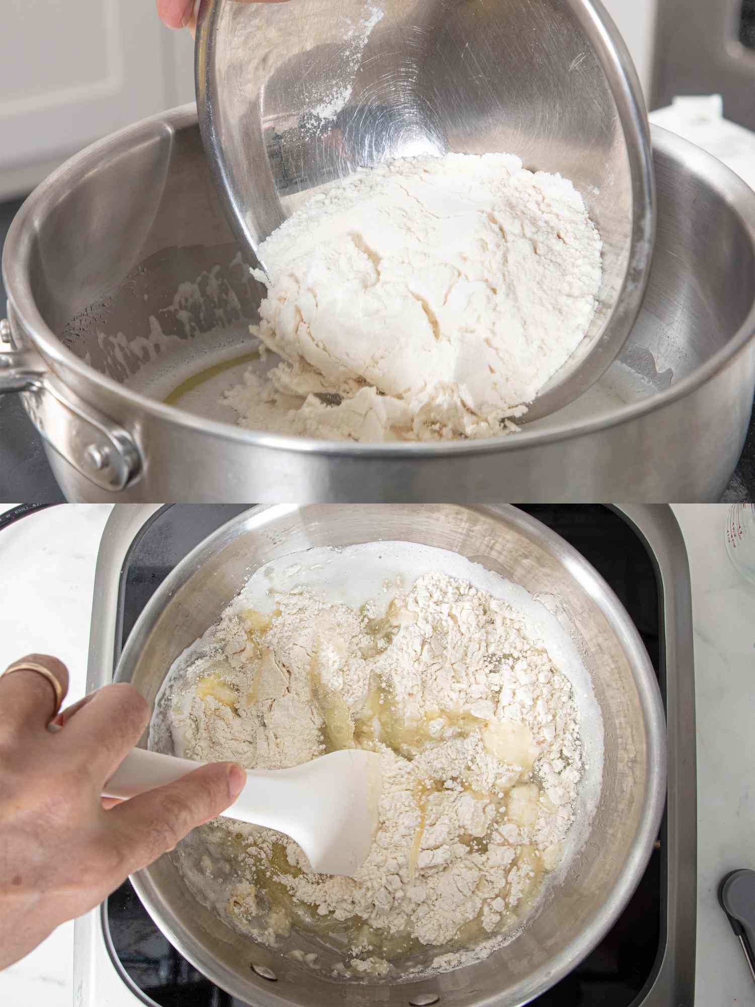 Two image collage of adding flour to butter