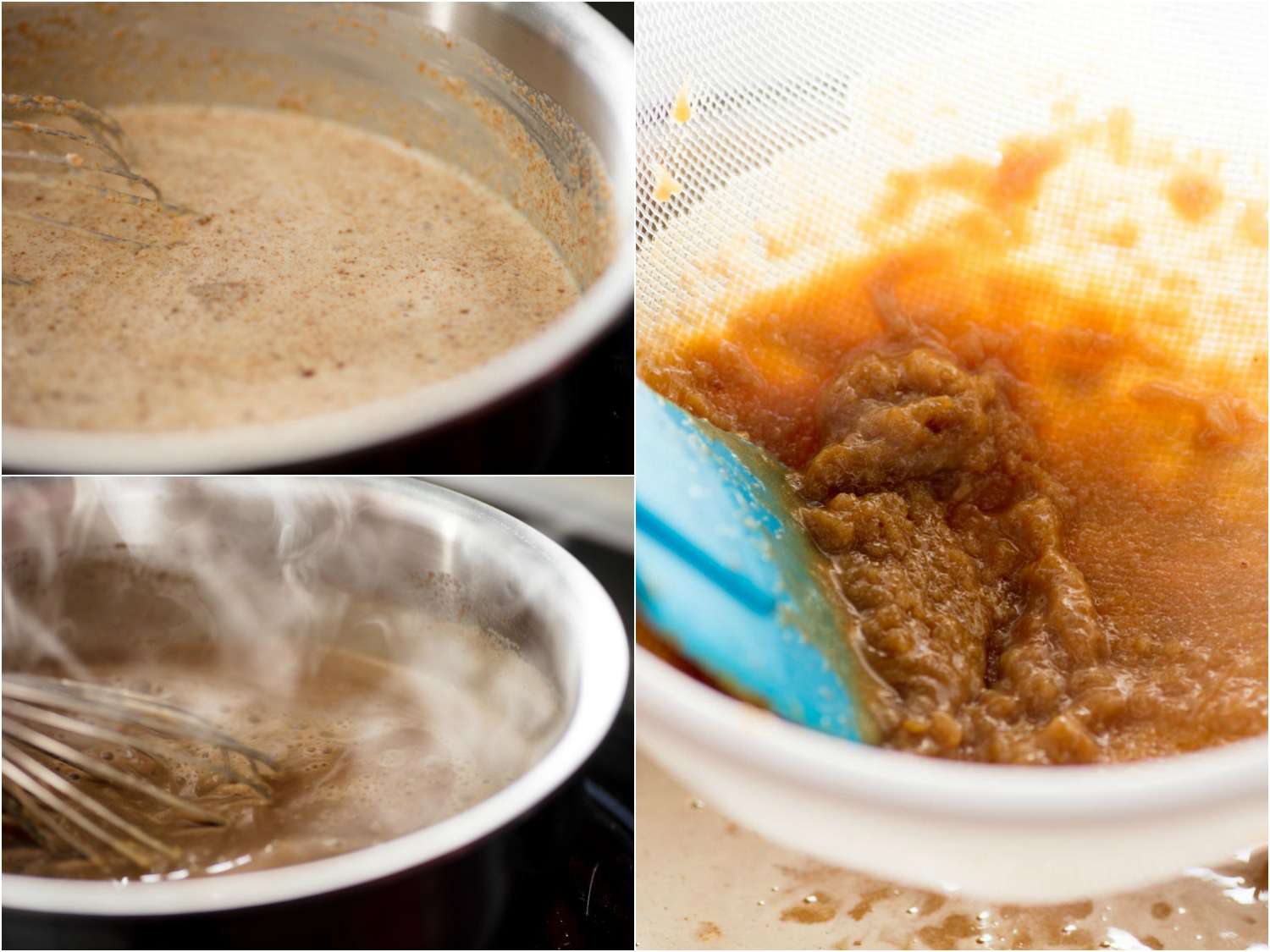 Collage of heating, stirring, and straining the ice cream base.