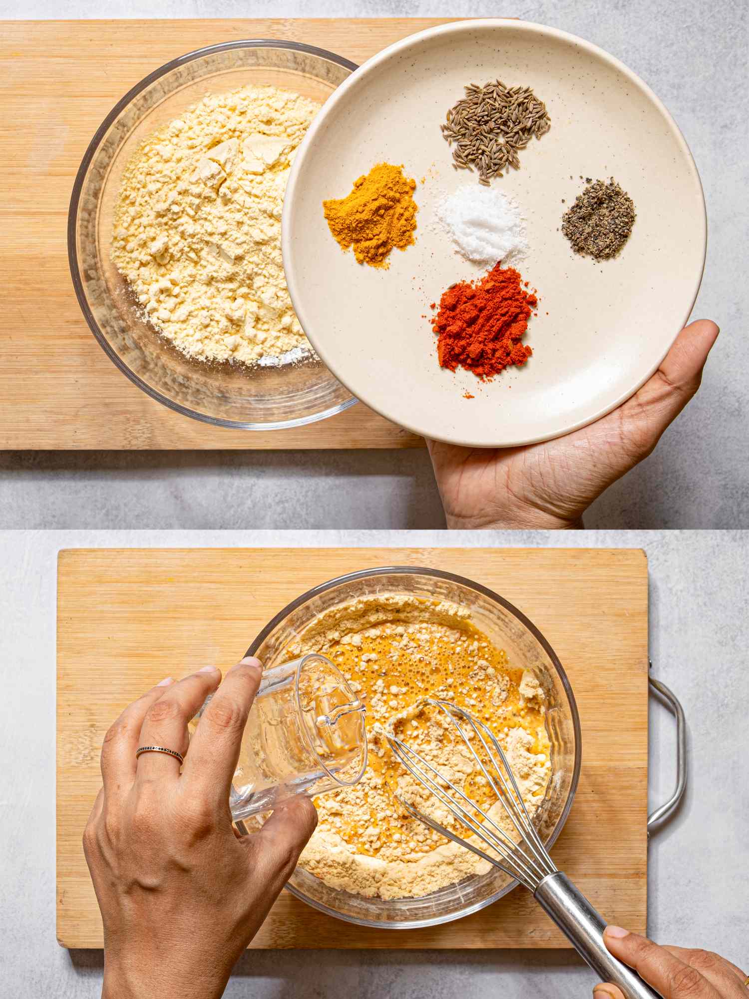 Ingredients being mixed a bowl with spices on top and the mixture being whisked in the lower image