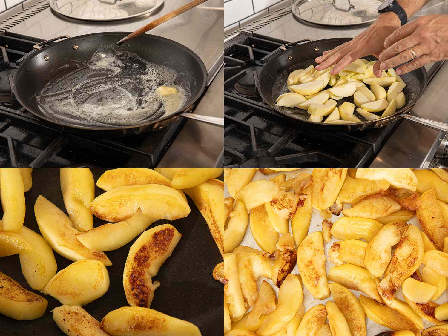 Four image collage of cooking apples