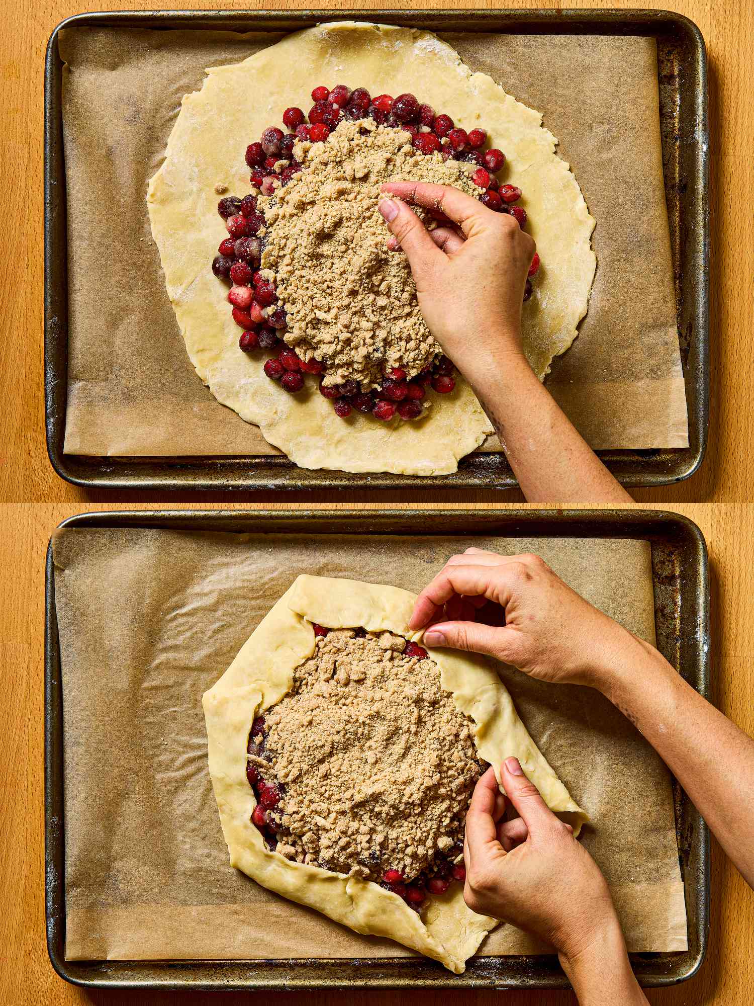 Overhead view of filling galette and folding edges