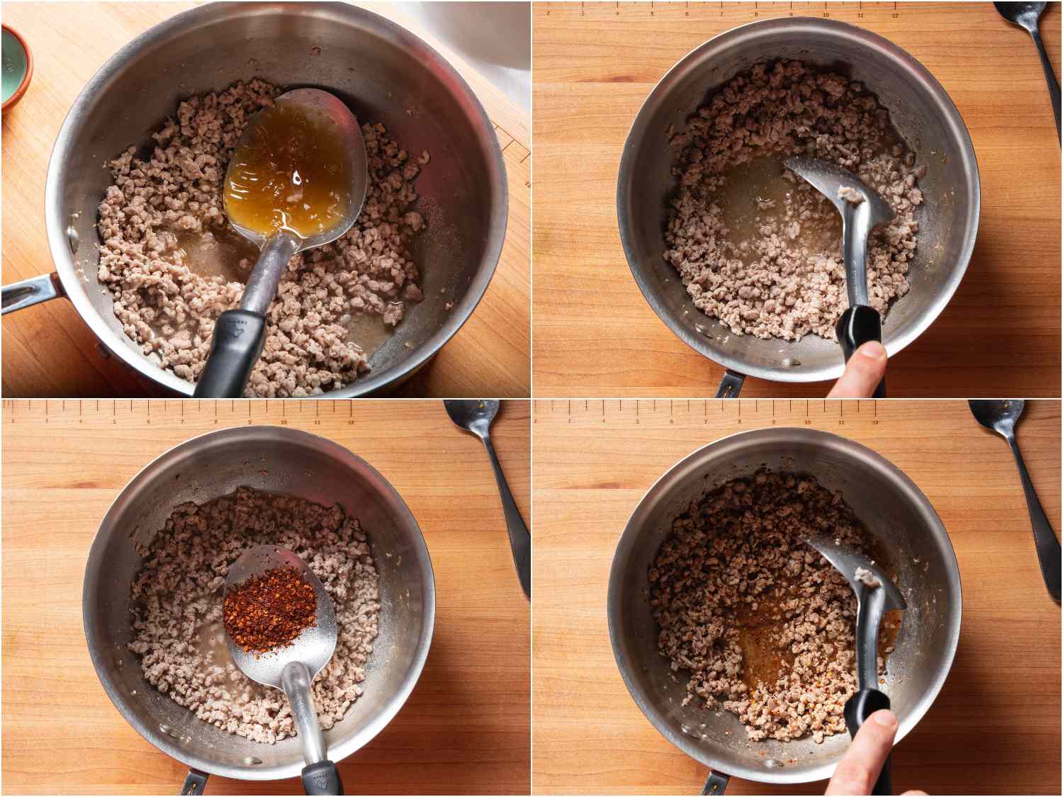 Adding fish sauce, lime juice, and ground dried chiles to cooked ground pork in saucepan.