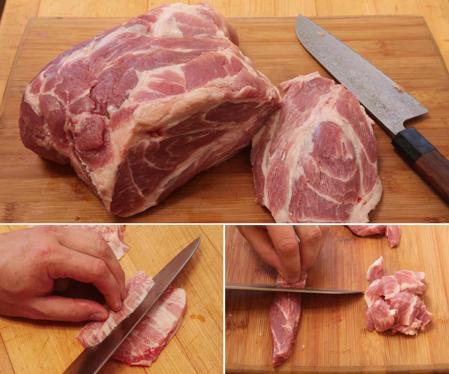 Cutting fatty pork for satay into thick steaks, cutting steaks into strips, cutting strips into chunks