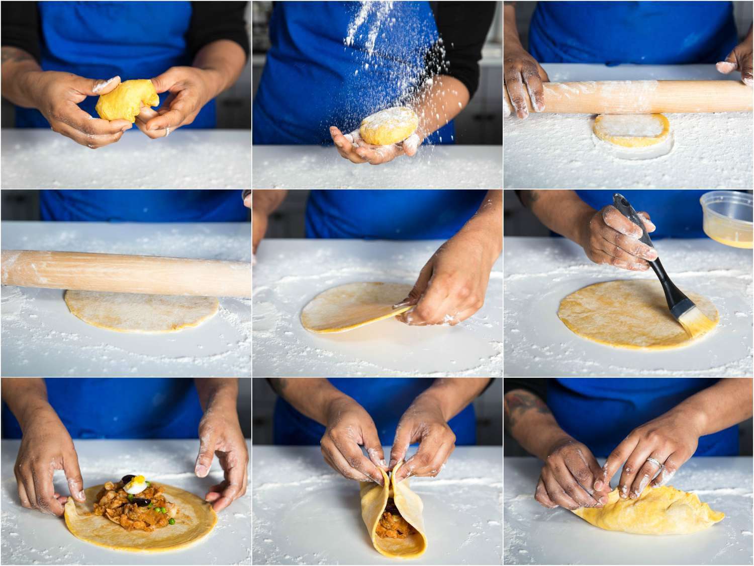 Collage of rolling out a portion of dough, adding fillings, and shaping a salteña.