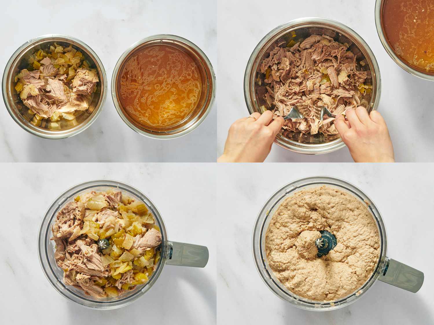 4 image collage. Top left: reserved liquid in one bowl and pork and celery in another. Top Right: shredding pork with forks. Bottom Left: meat and veggies in a food processor. Bottom Right: meat and veggies after processed together 