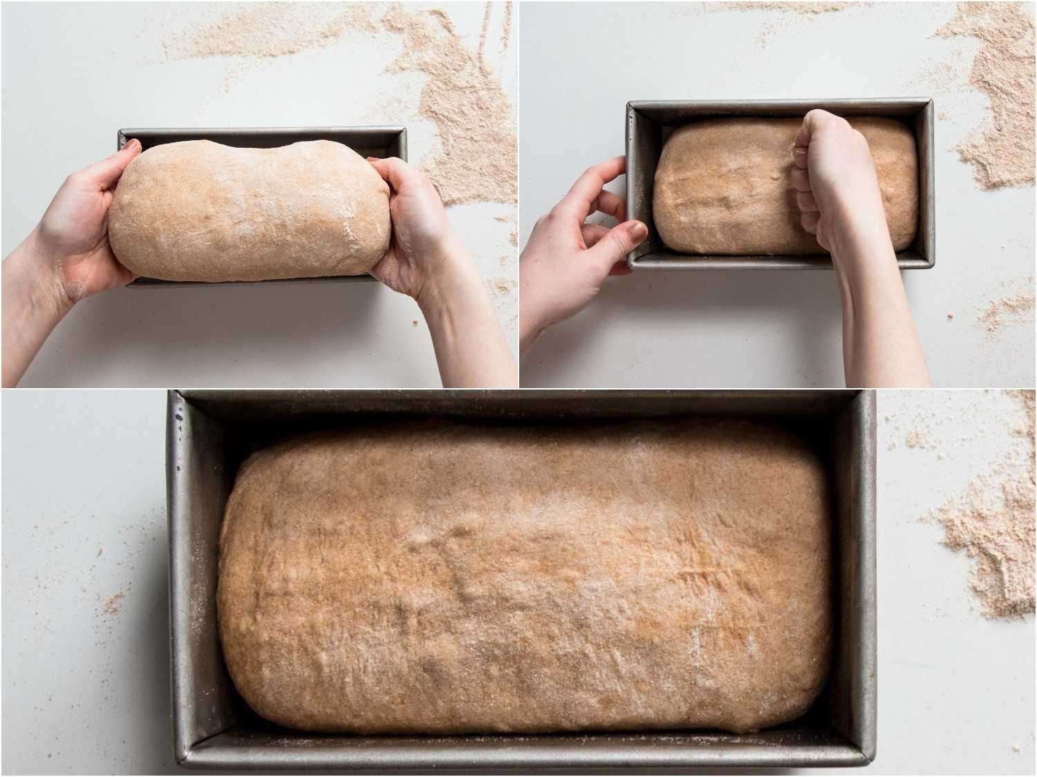 A collage of transferring the dough to a loaf pan.