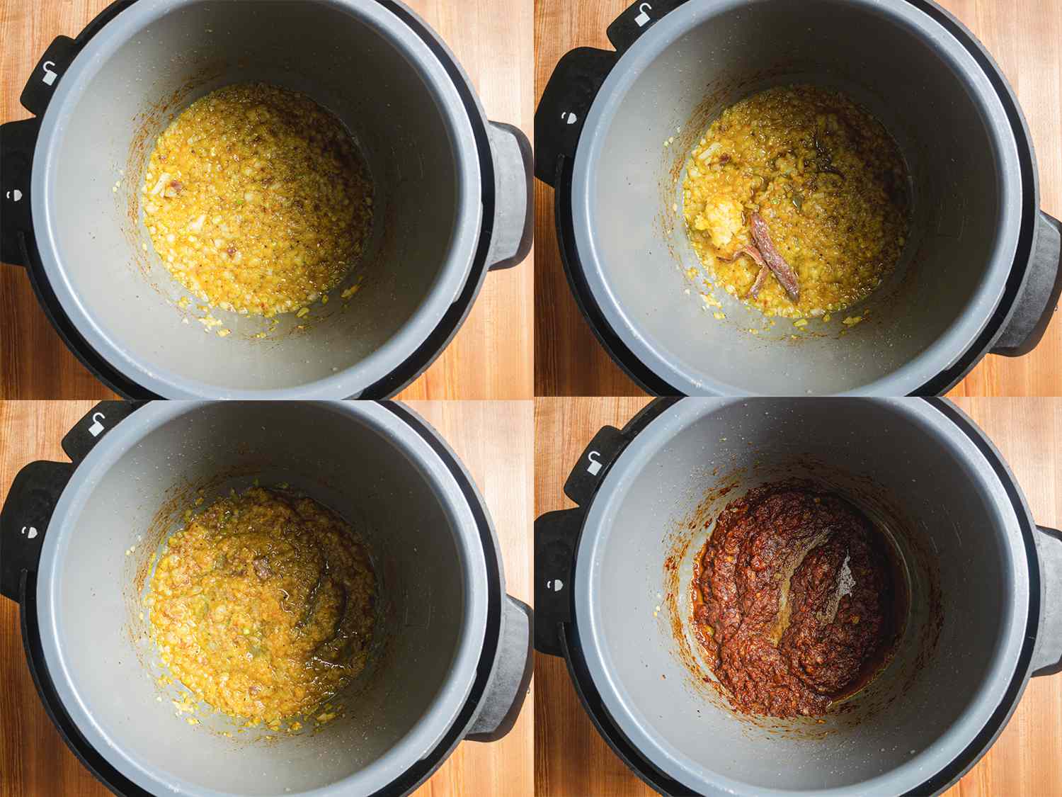 4 image collage. Clockwise from upper left: onion mixture in pressure cooker; ginger and anchovies added; ingredients completely combined in pressure cooker; tomato paste added to pressure cooker and browned. 