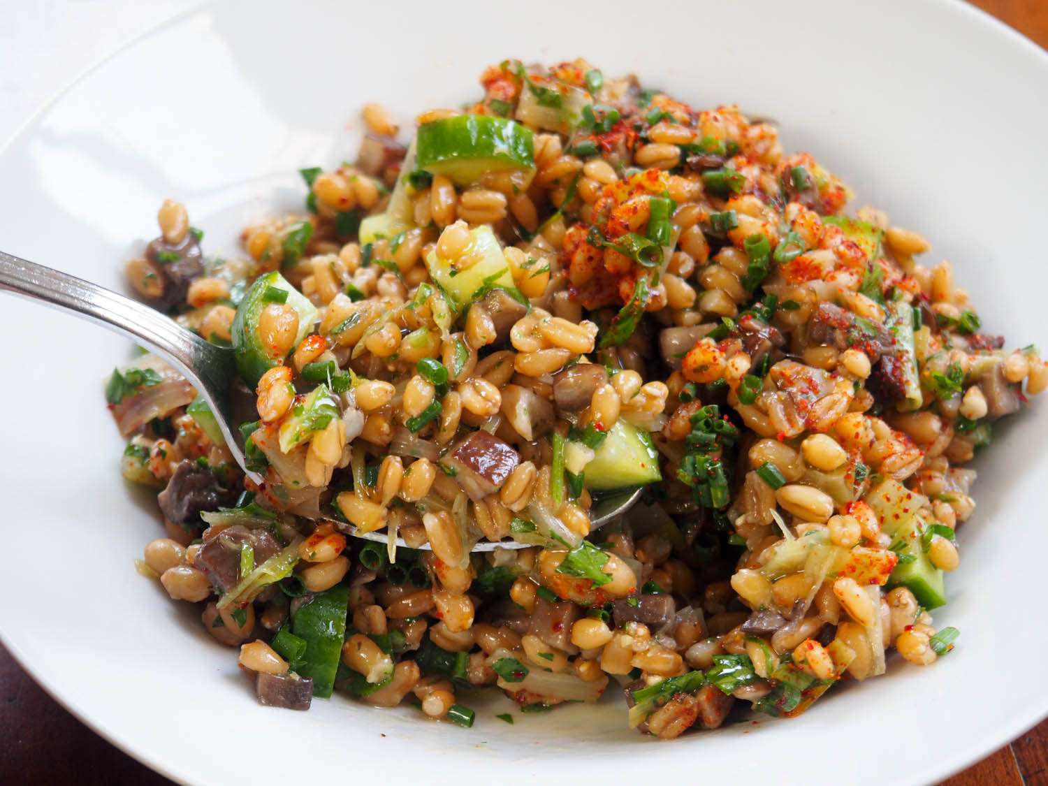 Closeup of Whole-Grain Spelt Salad With Leeks and Marinated Mushrooms.