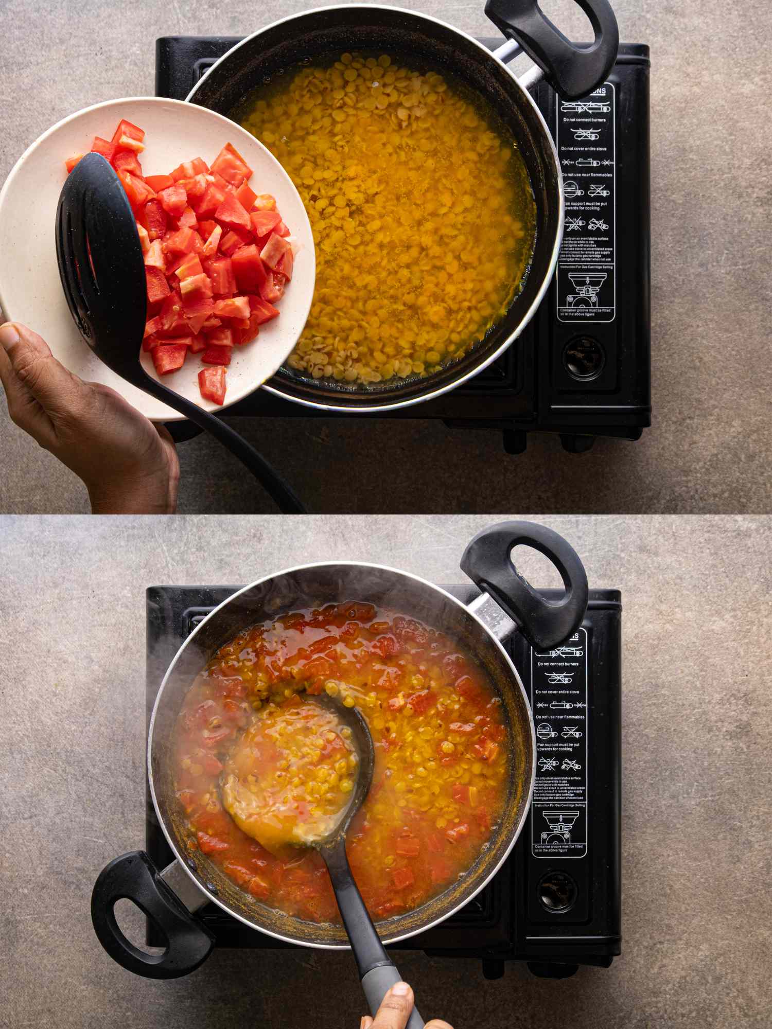Cooking sequence of a dish with lentils in a pot showing chopped tomatoes being added and then stirring the mixture while it simmers