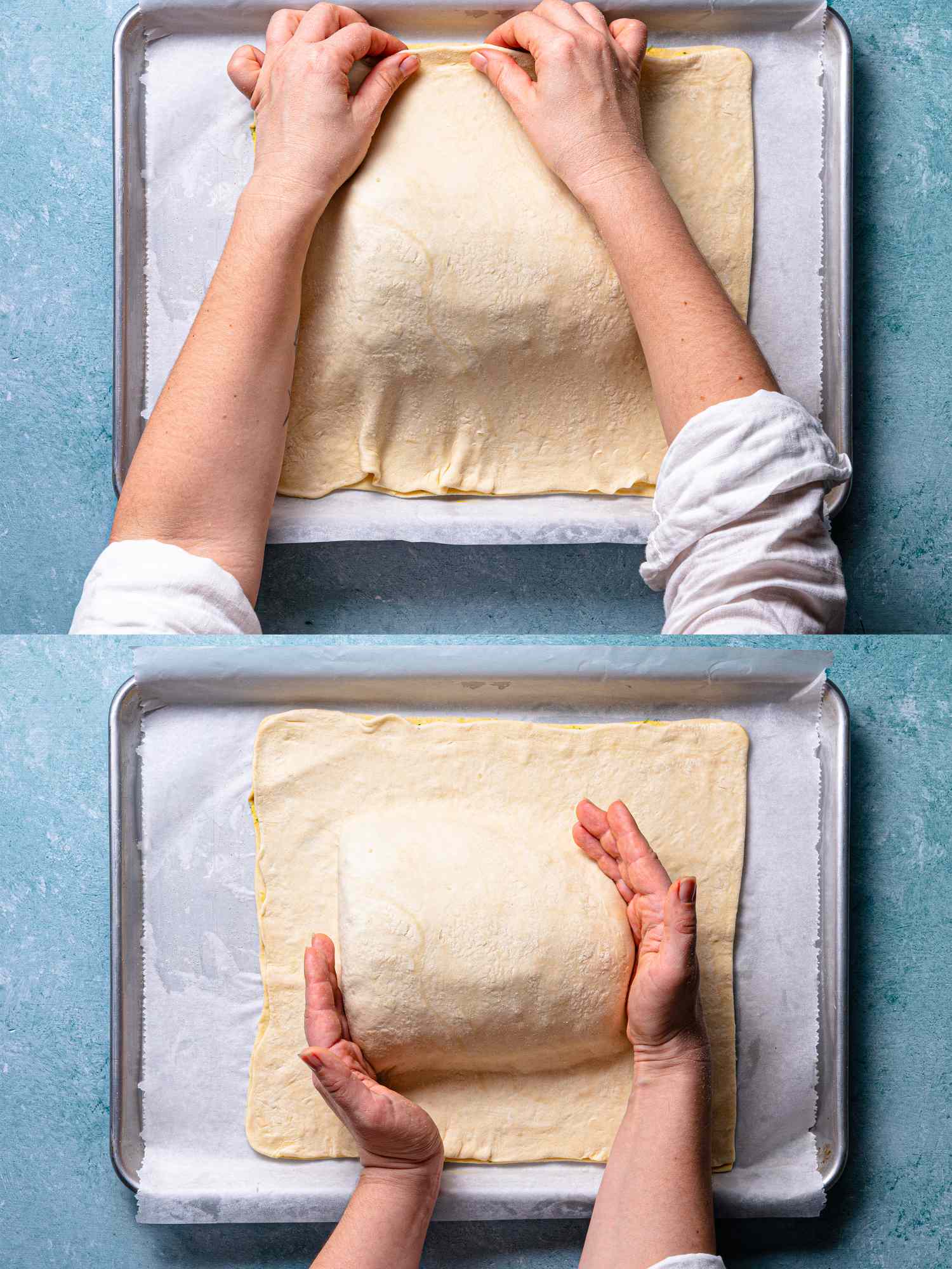 Two images showing hands preparing doughwrapped filling on a baking sheet top and side views for salmon en croute preparation