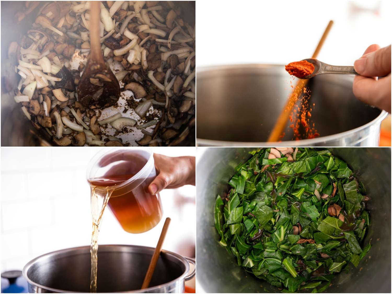 Collage of steps needed to make pot of vegan collard greens