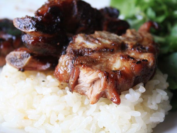 Closeup of Thai style grilled pork neck.