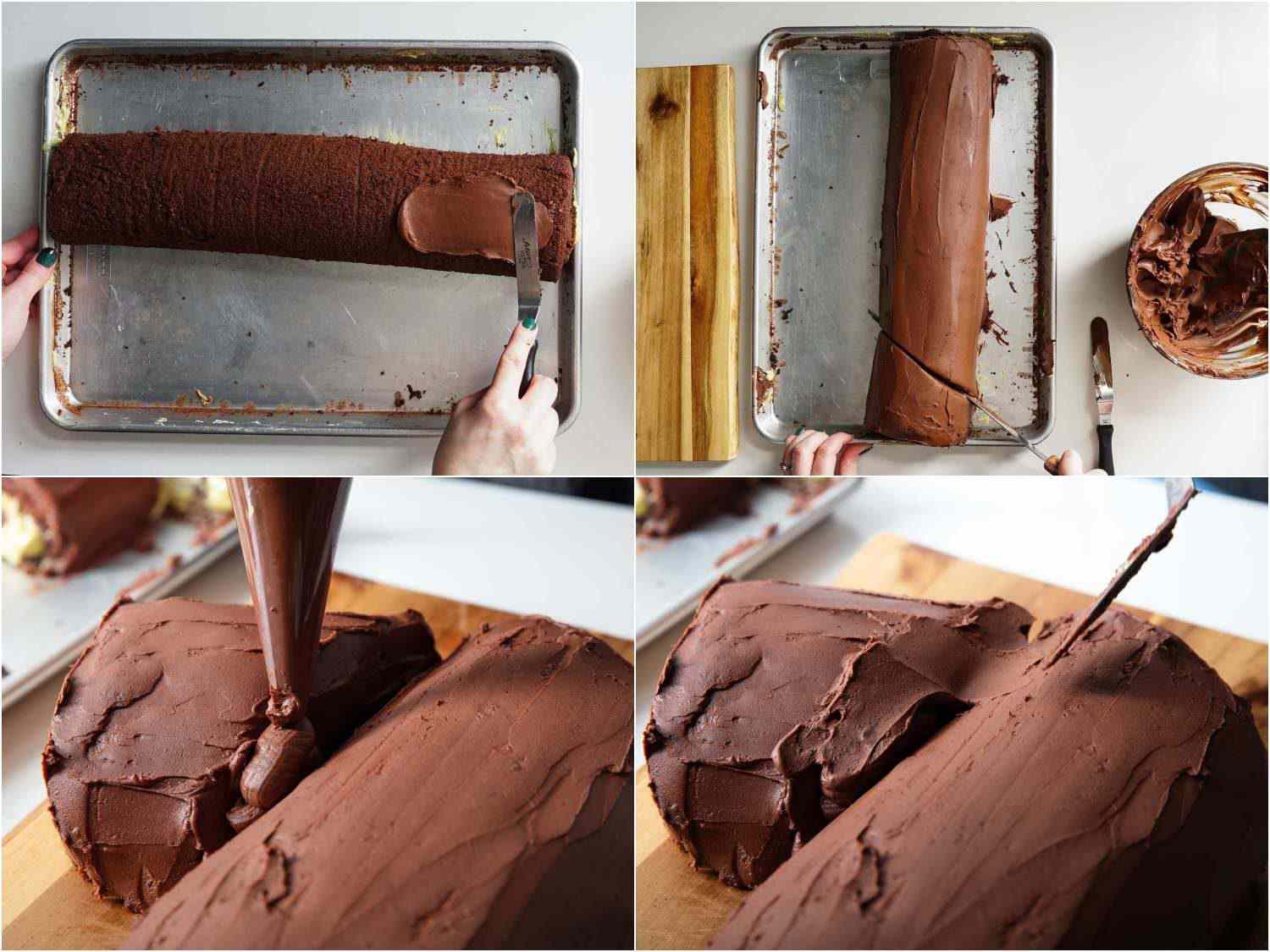 Collage of frosting the roulade, slicing off a "branch," placing it against the main body of the roulade, and then assembling with more ganache.