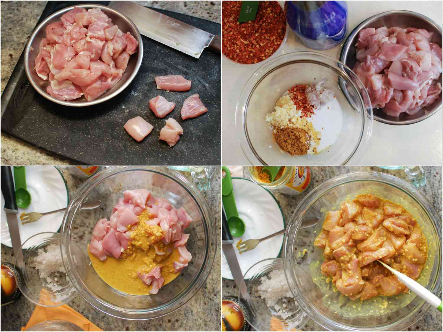 A collage of photos: a bowl of cubed raw chicken, the same bowl next to a bowl of spices and coconut milk, that same mixture poured into the bowl of chicken, and a bowl of everything mixed up.