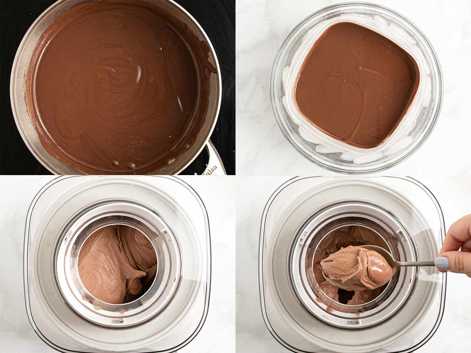 A four-image collage. The top left image shows chocolate stirred into the custard in the saucepan until thoroughly melted. The top right image shows the custard in a glass bowl after itâs been strained. The bottom left image shows the ice cream being churned inside of an ice cream machine. The bottom right image shows a metal spoon holding some soft, freshly churned ice cream.