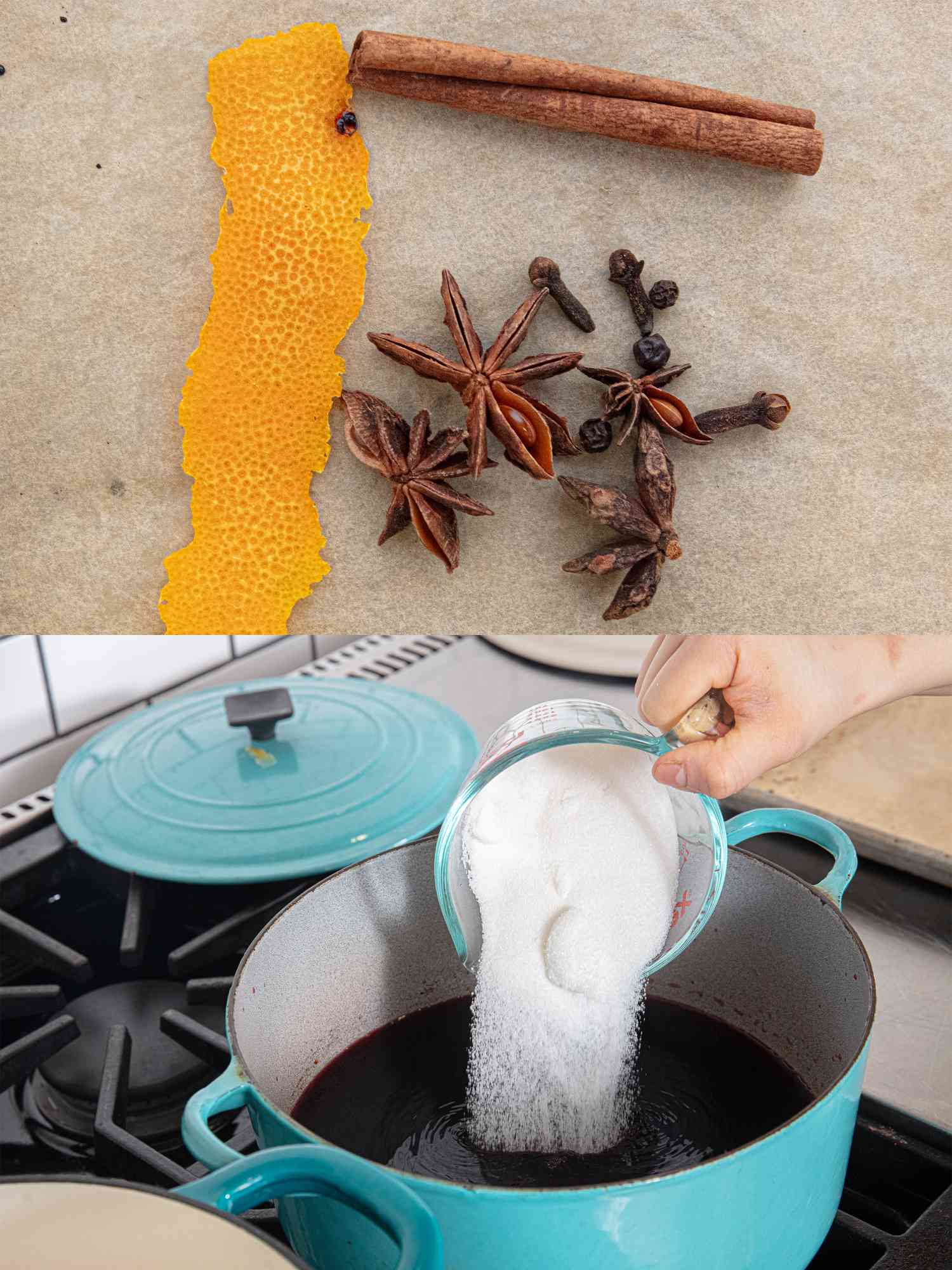 Two image collage of spices for poached pears on parchment and adding sugar to wine
