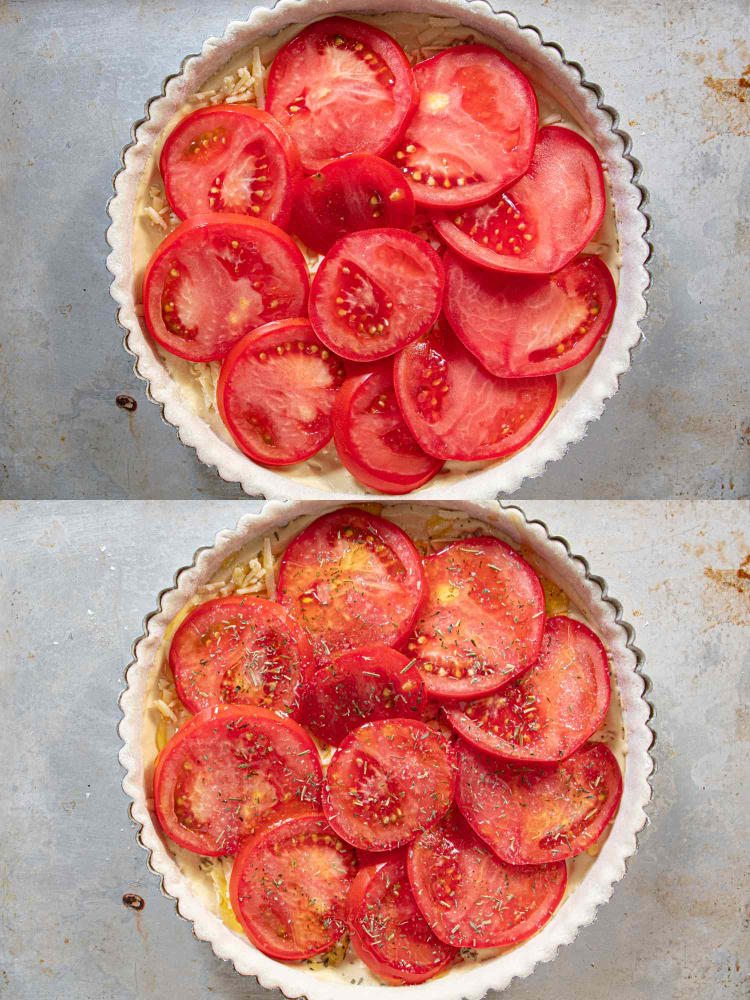 A tart preparation with sliced tomatoes before and after seasoning and layering displayed in two steps in a single image