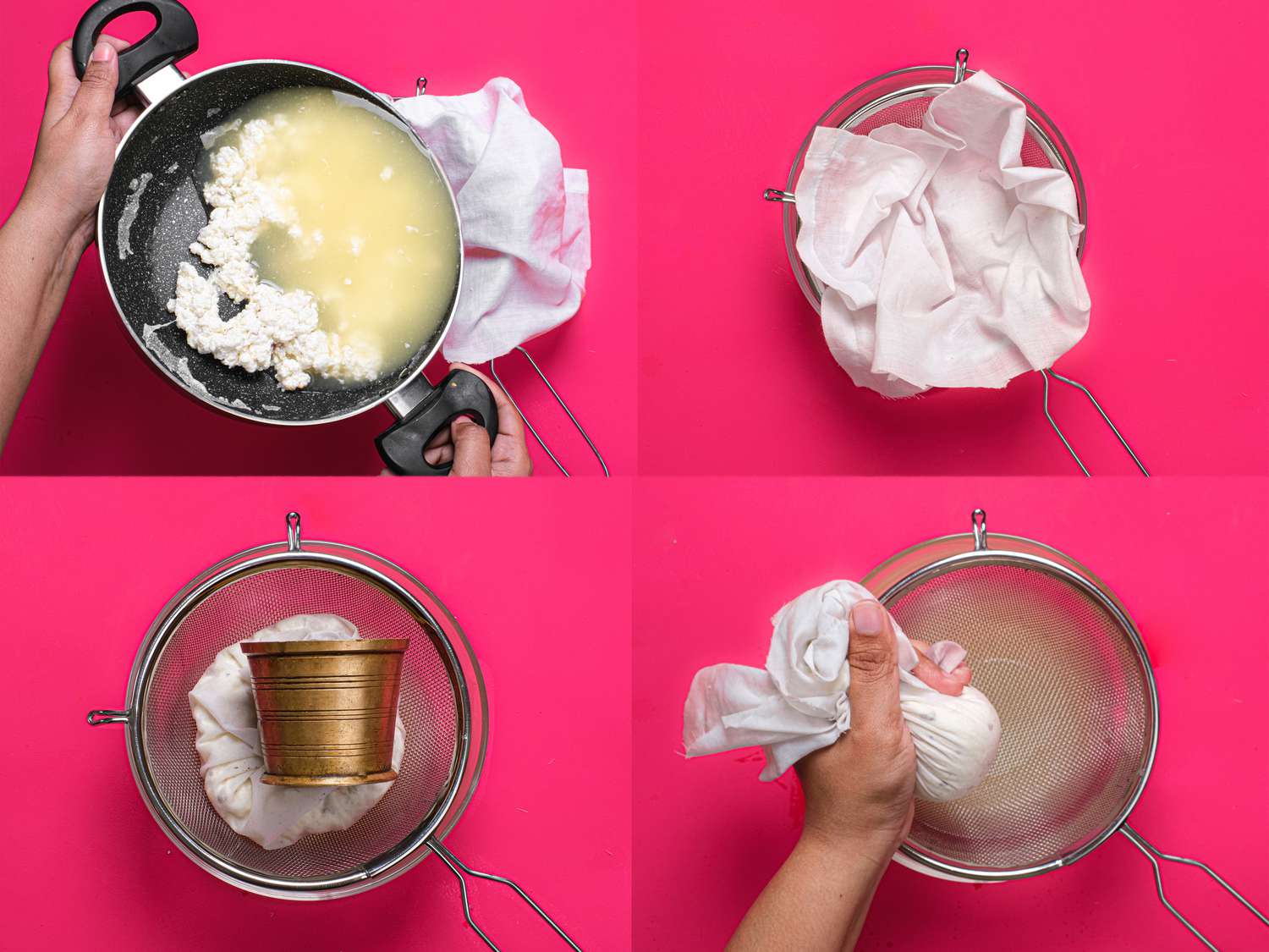 Four image collage of straining milk curds