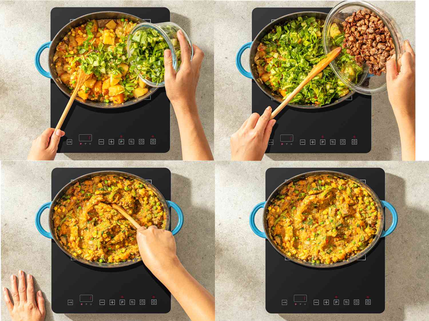 Four image collage of adding remaining vegetables and meat and finished Charquican