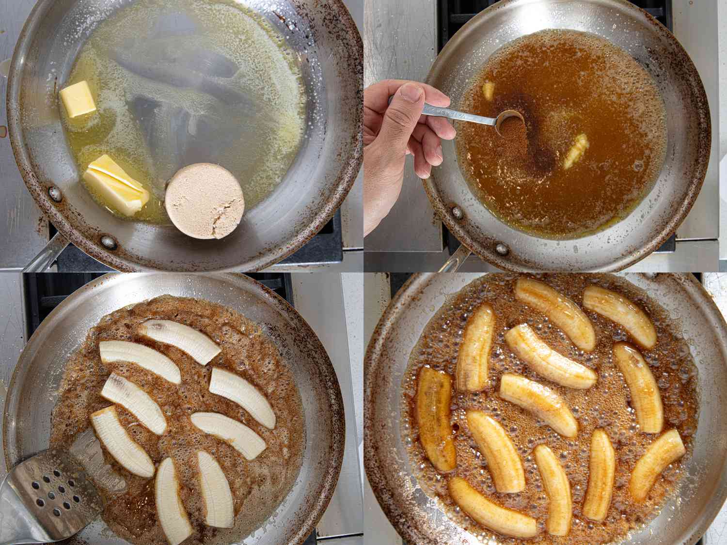 Four image collage of cooking bananas