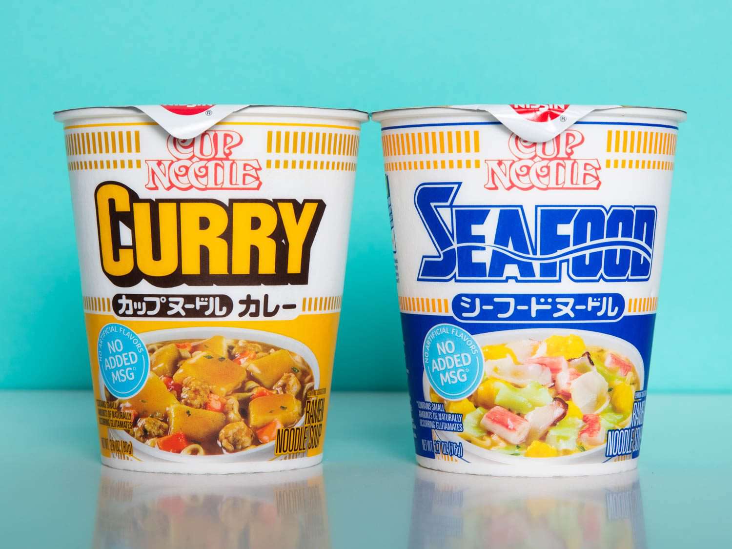 Japanese Curry and Seafood Cup Noodles side by side