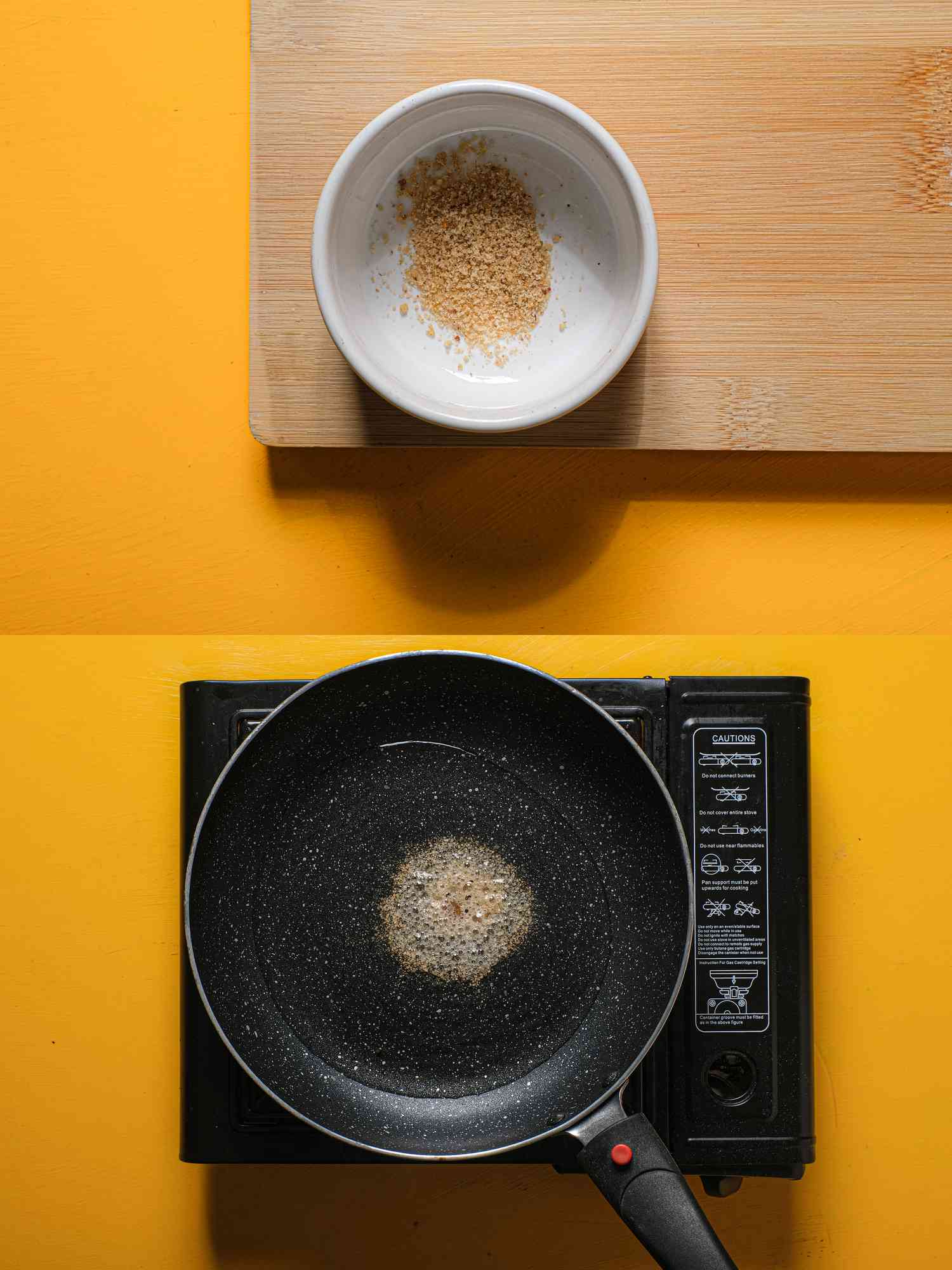 2 image collage. Top: asafetida in a small bowl on wooden board. Bottom: oil and asafetida heated in pan 