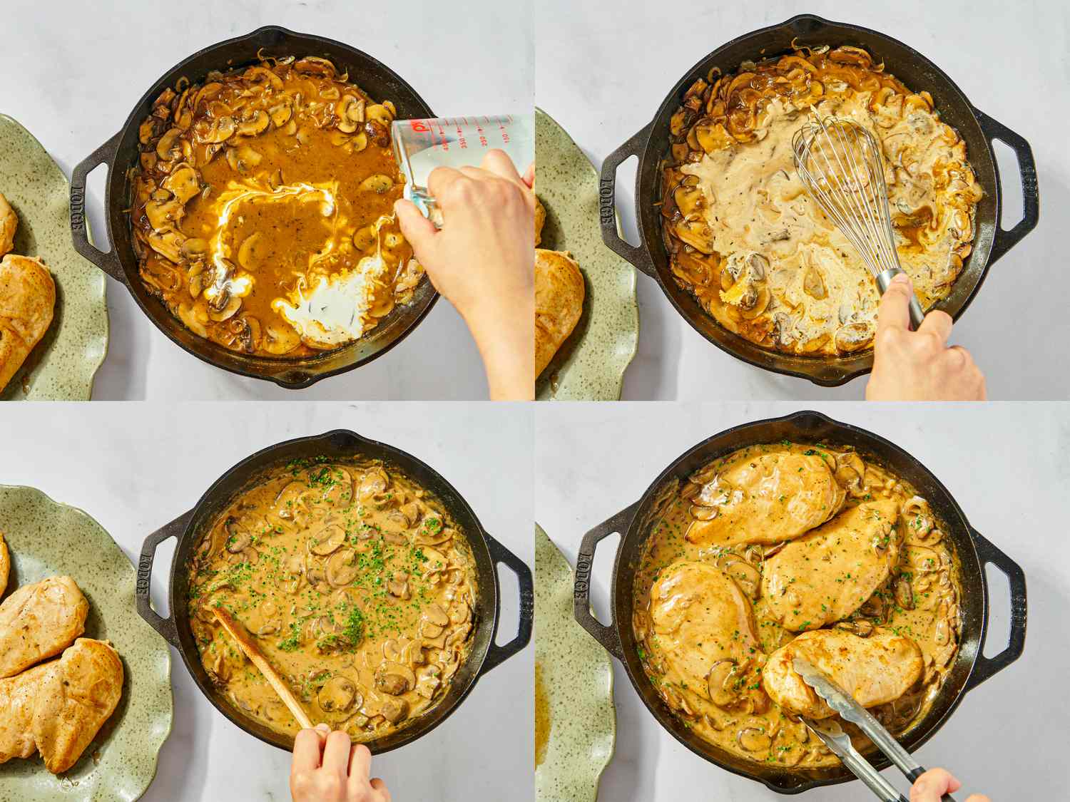 Fourstep process for preparing chicken fricassee in a skillet showing stages of cooking including mixing sauce and adding chicken