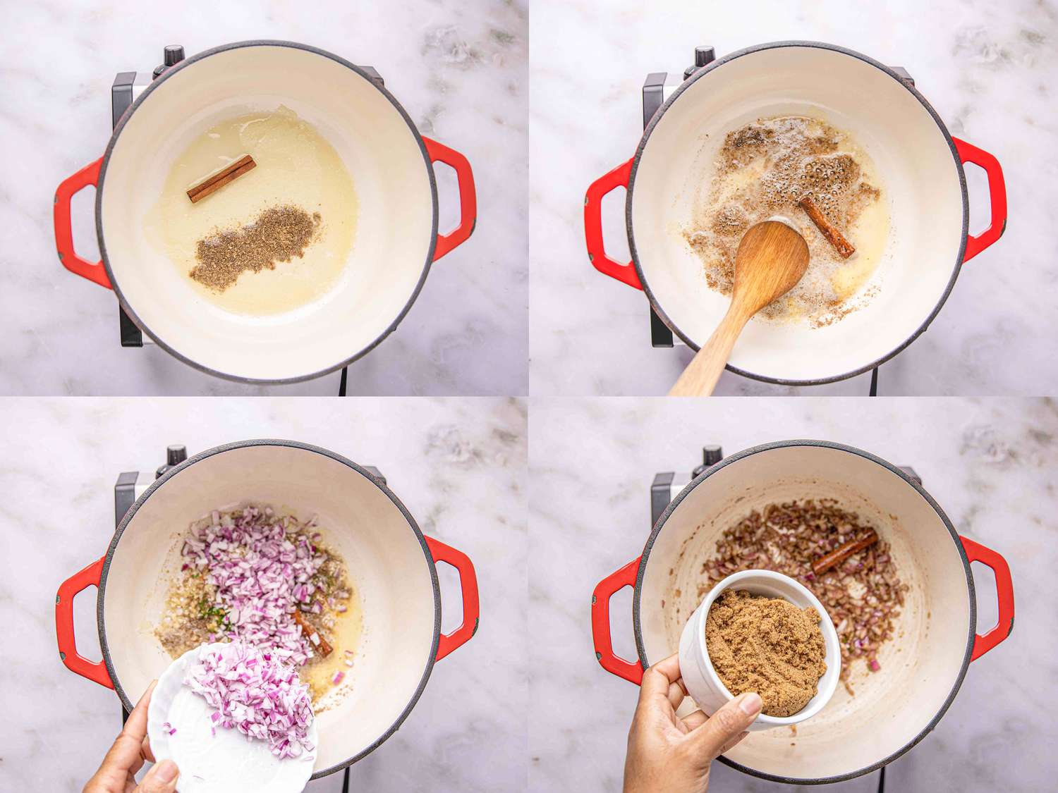 Four image collage of cooking spices in pot
