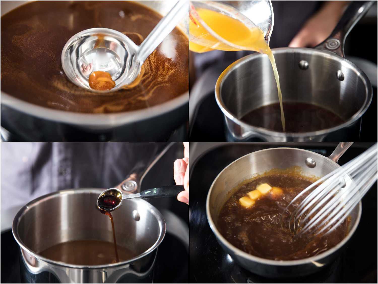 A collage showing adding orange juice to stock