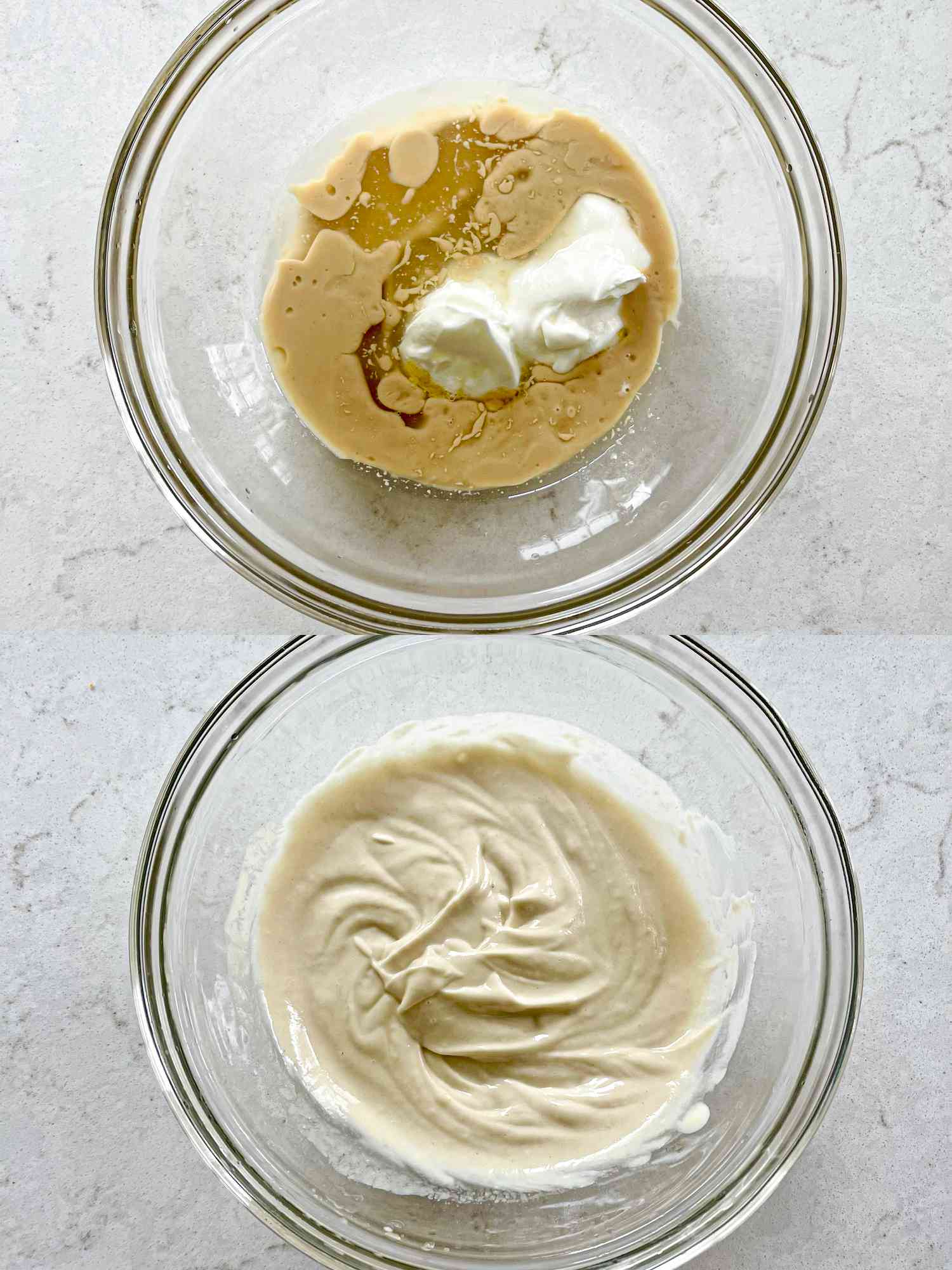 Two image collage of mixing tahini dressing