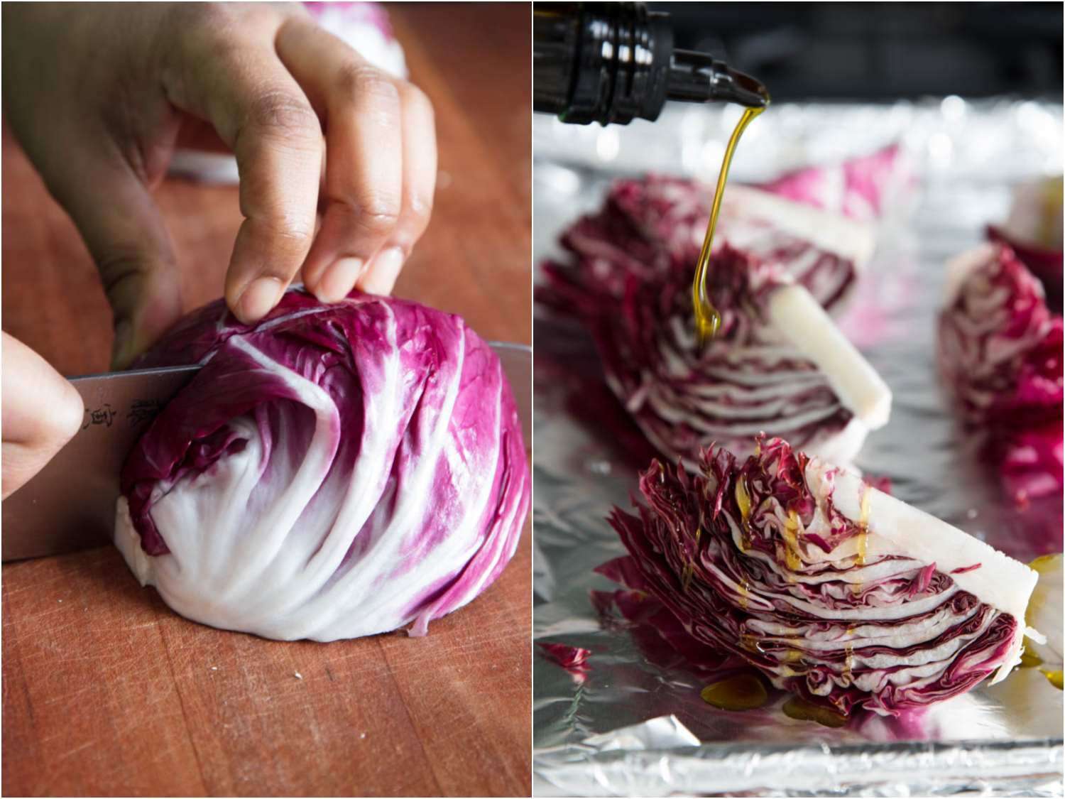 Head of radicchio being cut into wedges