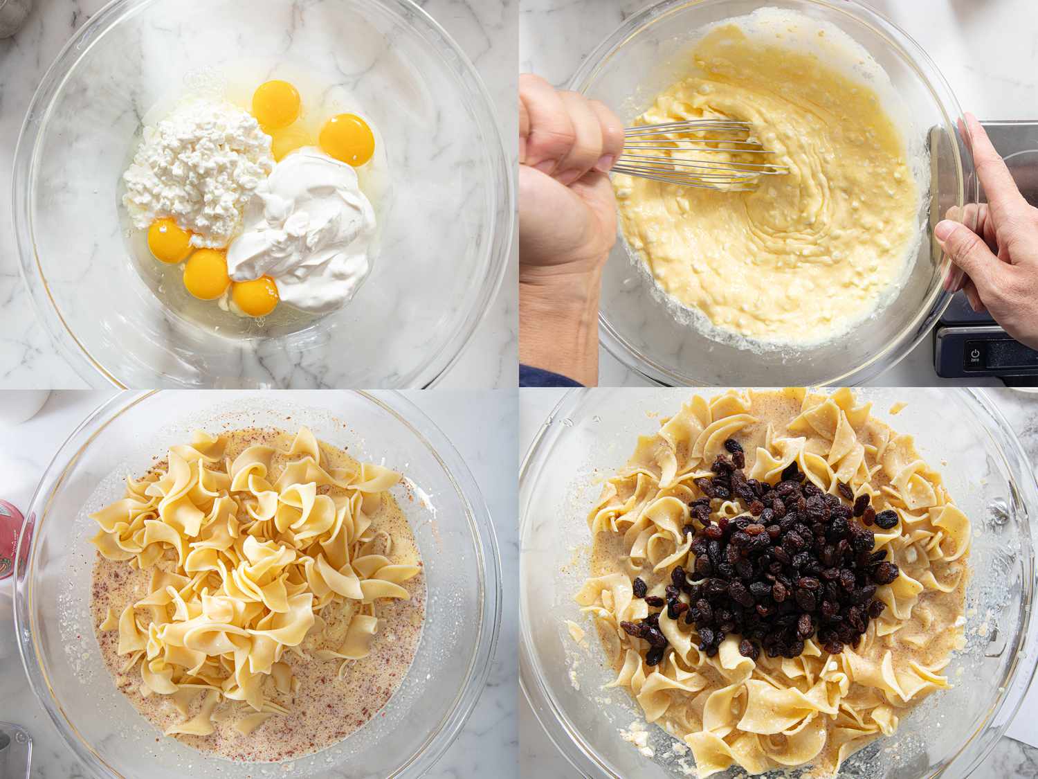 Four image collage of mixing kugel together