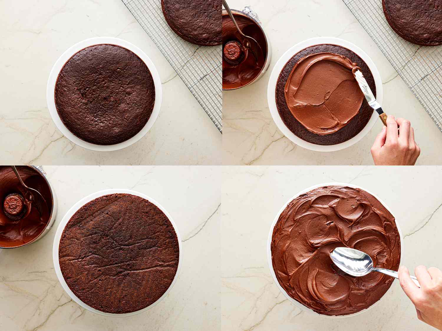 Four image collage of icing the cake 