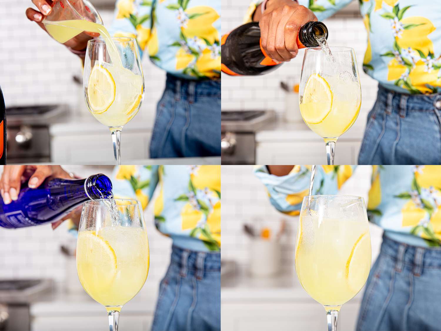 Four image collage of creating limoncello spritz